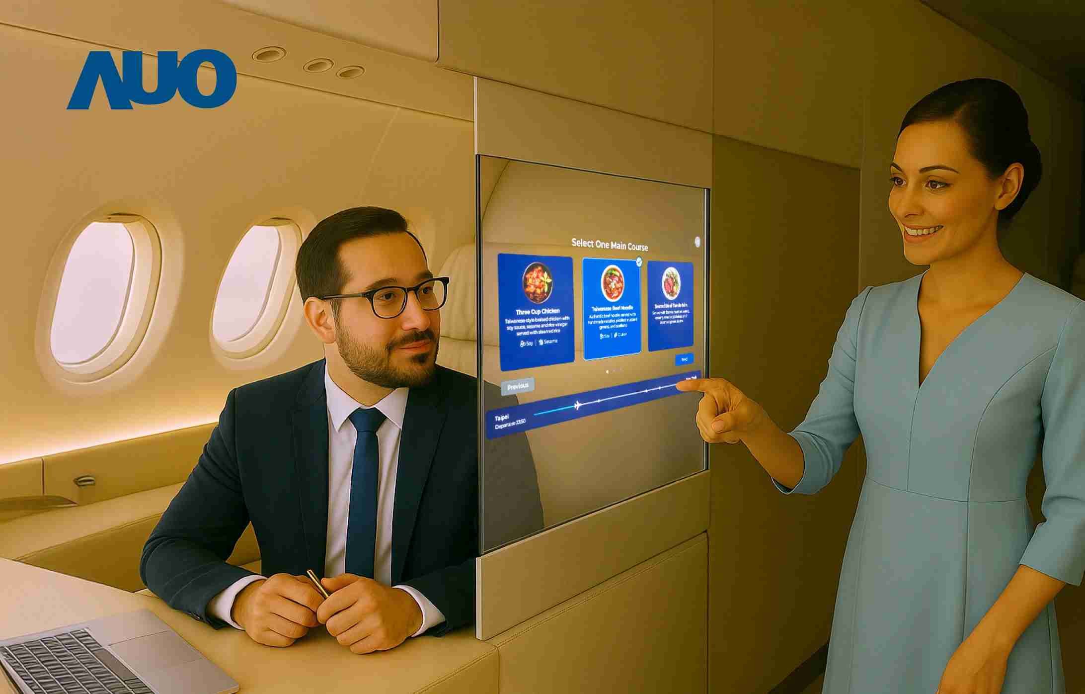 红龙扑克研发全球最薄17.3 吋双面透明 Micro LED 显示器，，，可在同一屏幕之双边投射不同信息，，，创造独特的”透明化”互动；图为实时翻译交流应用情境